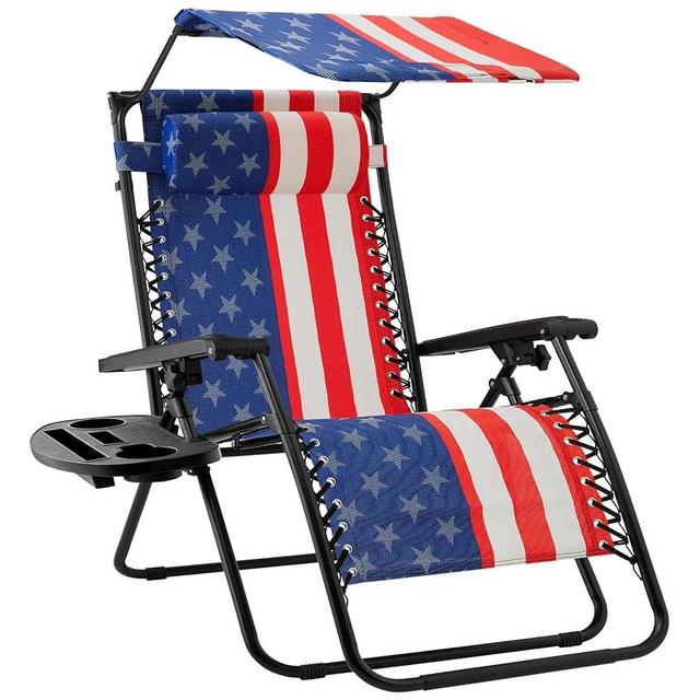 Best Choice Products Folding Zero Gravity Outdoor Recliner Patio Lounge Chair w/Adjustable Canopy Shade, Headrest, Side Accessory Tray, Textilene Mesh - American Flag