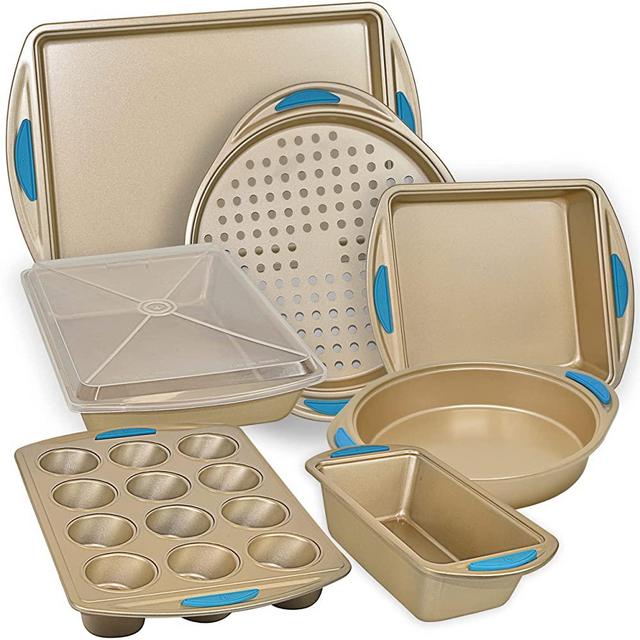 Baking Pan 8 Piece Set Nonstick Gold Carbon Steel Oven Bakeware Kitchen Set with Silicone Handles, Cookie Sheet, Roasting Pan, Lid, Square Pan, Round Pan, Loaf Pan, Pizza Crisper, Muffin Pan by PERLLI