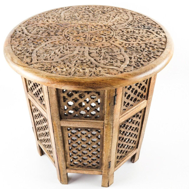 Hand Carved Geometric Furniture, Wood Table, Vintage Book Nook