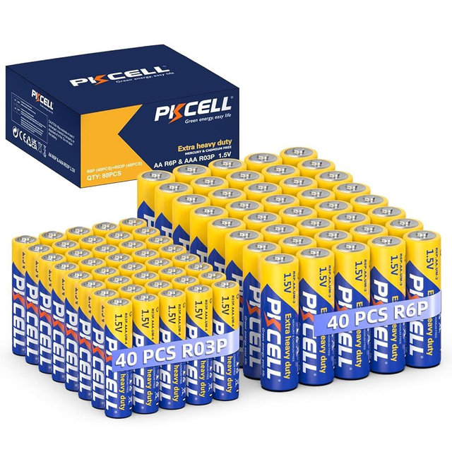PKCELL AA Batteries & AAA Batteries, 40 Double A Batteries and 40 Triple A Batteries Combo Pack (80 Count), 1.5V High-Performance Carbon Battery