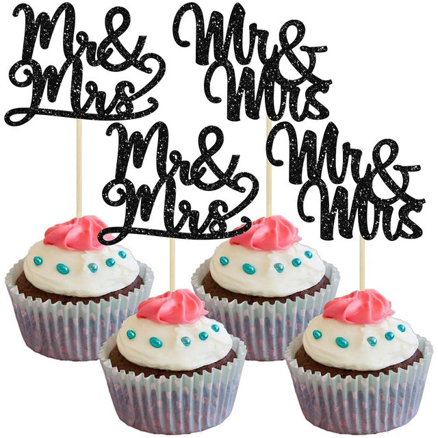 Gyufise 36Pcs Mr & Mrs Cupcake Toppers Glitter Bridal Shower Cupcake Picks for Wedding Engagement Theme Party Cake Decorations Supplies Black