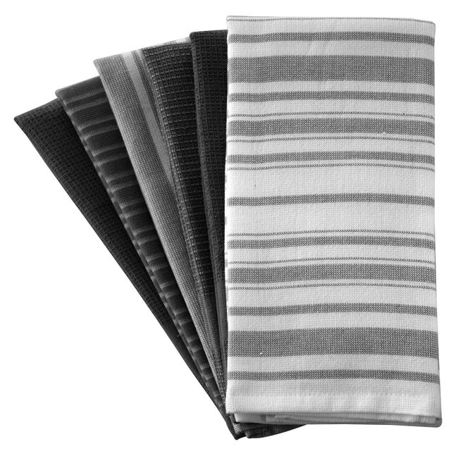 6 Pcs Kitchen Towel Set 100% Cotton Terry Cloth Top with Stripe & Waffle Pattern 16x26-Inch Dish & Hand Towels 16x26 Inch - Black