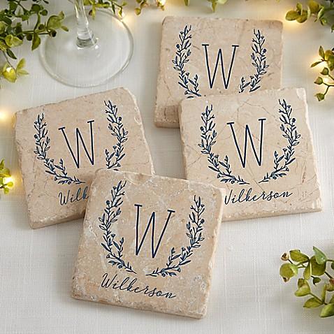 Personalized Floral Farmhouse Tumbled Stone Coaster Set