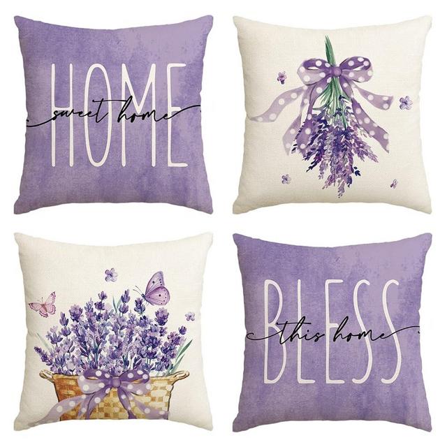 AVOIN colorlife Lavender Home Sweet Home Bless This Home Spring Throw Pillow Covers, 18 x 18 Inch Purple Cushion Case for Sofa Couch Set of 4
