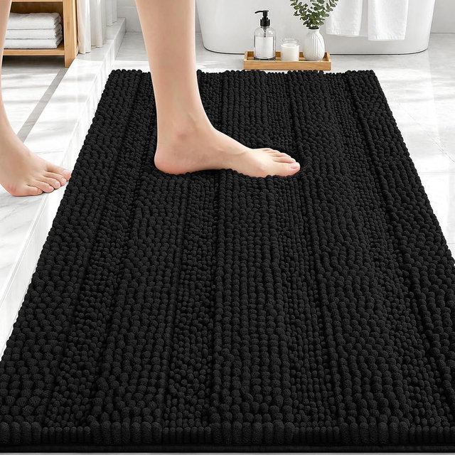 OLANLY Thick Bathroom Rugs 30x20, Extra Soft Absorbent Chenille Striped Bath Rugs, Rubber Backing, Machine Wash Dry, Bath Mats for Bathroom Floor, Tub and Shower, Home Decor Accessories, Black