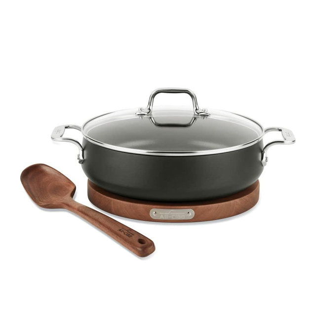 All-Clad HA1 Hard Anodized Nonstick 4 Piece Sauteuse Set, Acacia Trivet and Spoon 4 Quart Induction Pots and Pans, Cookware Black