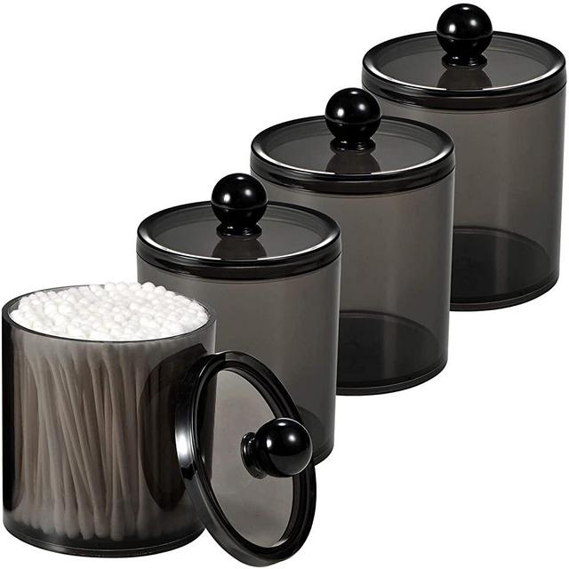 SheeChung 4 Pack Plastic Acrylic Bathroom Vanity Countertop Canister Jars with Storage Lid, Apothecary Jars Qtip Holder Makeup Organizer for Cotton Balls,Swabs,Pads,Bath Salts (Black, 15 Oz)