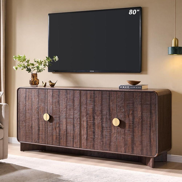 IFGET 70" Modern TV Stand for TVs Up to 80 inches, 30" Tall Entertainment Center with Storage and Adjustable Shelves, TV Console with Curved Profile Design, Media Console for Living Room, Brown