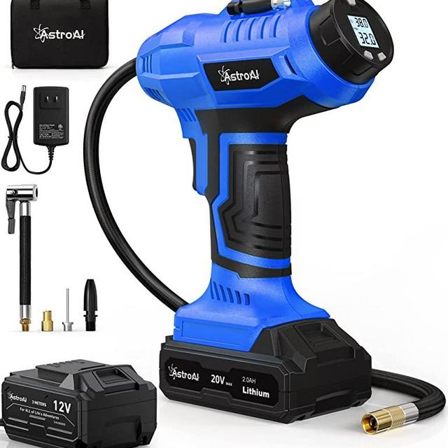 AstroAI Cordless Tire Inflator Air Compressor 20V Rechargeable Battery Powered 160PSI Portable Handheld Air Pump with 12V Car Power Adapter Digital Pressure Gauge for Cars Motorcycles ACJY21LIDCBU