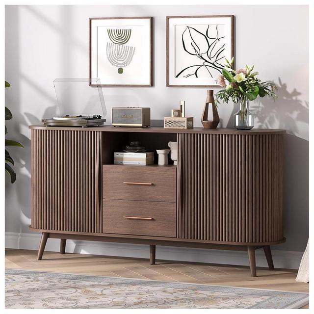 JOINICE 63" Sideboard Buffet Cabinet with Sliding Tambour Doors, Mid-Century Modern Accent Cabinet with Drawers & Solid Wood Legs, Fluted Storage Cabinet for Living Room, Dining Room, Walnut