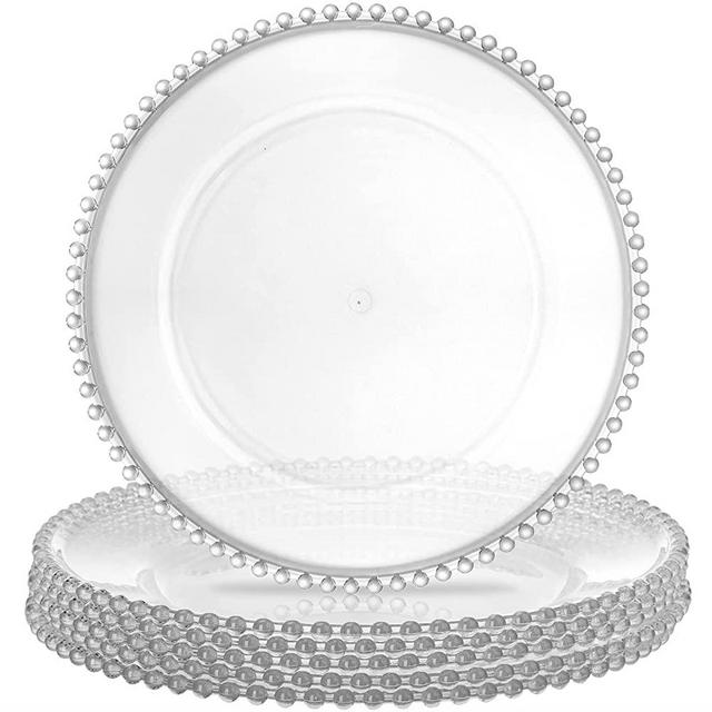 Lawei 6 Pack Round Charger Plates with Bead Rim, 13 Inch Plastic Clear Serving Plates Decor Dinner Plates for Party Wedding Events Dinner Decoration