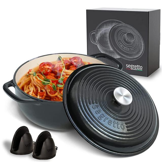 Segretto Cookware Enameled Cast Iron Dutch Oven with Handle, 6 Quarts, Nero (Black) Enameled Cast Iron Dutch Oven 6qt | Dutch Oven Wedding Gift | Enamel Cast Iron Cookware | Comes with Silicone Pot Holders