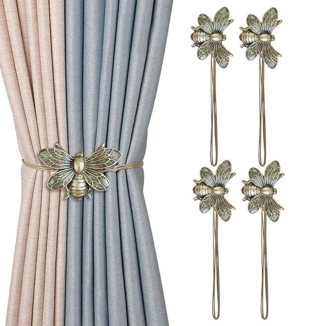 Dodolo Curtain Holdbacks Set of 4, Brown Resin Magnetic Curtain Tiebacks Flying Bee Curtain Holders, Ties for Drapes, Farmhouse Decoration Accessories