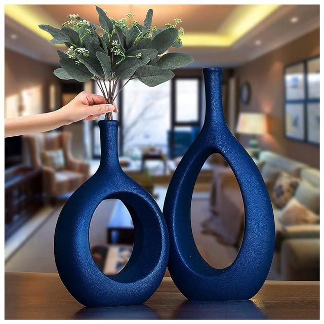 Matt Blue Ceramics vase, Thin stem vase for Home Decor, Set of 2 Elegant Decorative Vase for Bookshelves, Side Table, Mantel, Fireplace, Kitchen, Living Room Decoration…