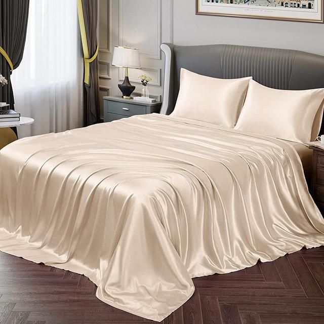 Vonty Satin Sheets King Silky Soft Satin Bed Sheets Beige Satin Sheet Set, 1 Deep Pocket Fitted Sheet + 1 Flat Sheet + 2 Pillowcases