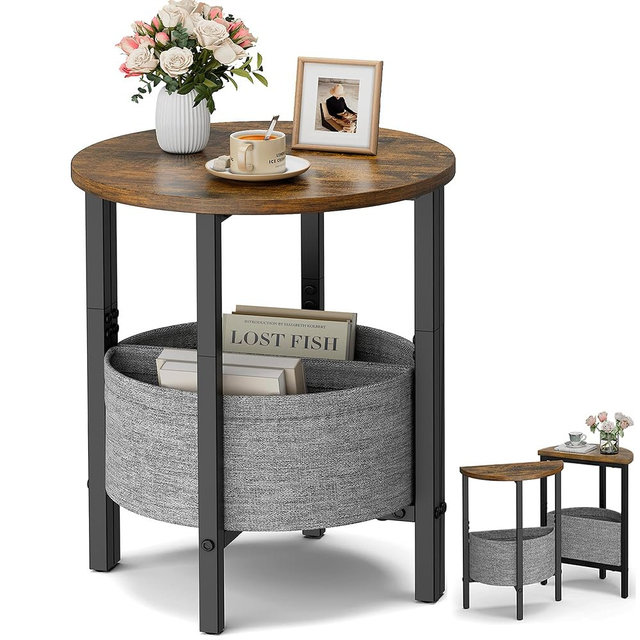Vagusicc Small Round Side Table, Accent End Table with Storage Basket, Set of 2 Half Round Coffee Table End Table, Half Moon Bedside Table, Modern Nightstand Couch Table for Living Room Bedroom, Brown