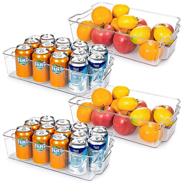 HOOJO Refrigerator Organizer Bins - 4pcs Clear Plastic Bins For Fridge, Freezer, Kitchen Cabinet, Pantry Organization, BPA Free Fridge Organizer, 14.5" Long-X Large, Clear