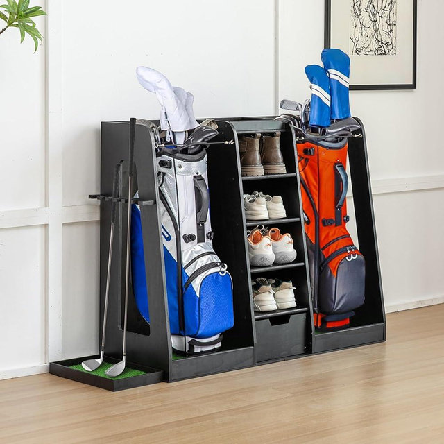 Thanaddo Wooden Golf Bag Organizer and Storage Rack, Accommodate Golf Bags and Golf Clubs/Hockey Sticks, Golf Balls, Inside and Outside The Garage shed Basement