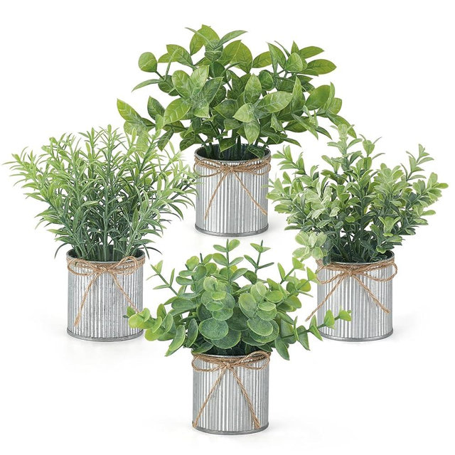 Mkono 4 Packs Small Fake Plants in Farmhouse Galvanized Pots Table Centerpiece Mini Potted Artificial Plants Faux Eucalyptus for Shelf Office Rustic Home Decor