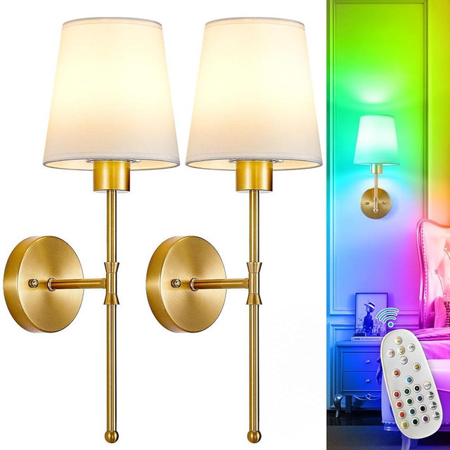 Depuley Battery Operated Wall Sconce: Set of 2 19.99" Wireless Wall Lights with Remote for Bedroom - Rechargeable 15 Colors Gold Wall Lamp for Living Room Hallway Decor