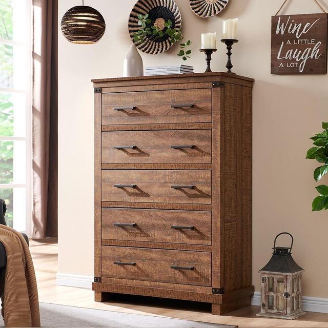T4TREAM Farmhouse 5 Drawers Dresser for Bedroom, 48" Tall Wood Chest of Drawers w/Natural Texture & Metal Handle, Rustic Storage Dressers Organizer for Living Room, Hallway, Reclaimed Barnwood