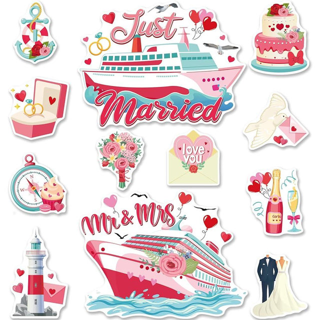 Just Married Cruise Door Magnets - Cosmisun 12PCS Weeding Cruise Door Decorations Magnetic Mr Mrs Cruise Ship Door Decoration Magnets Stickers for Honeymoon Anniversary Carnival Party Cabin Decor