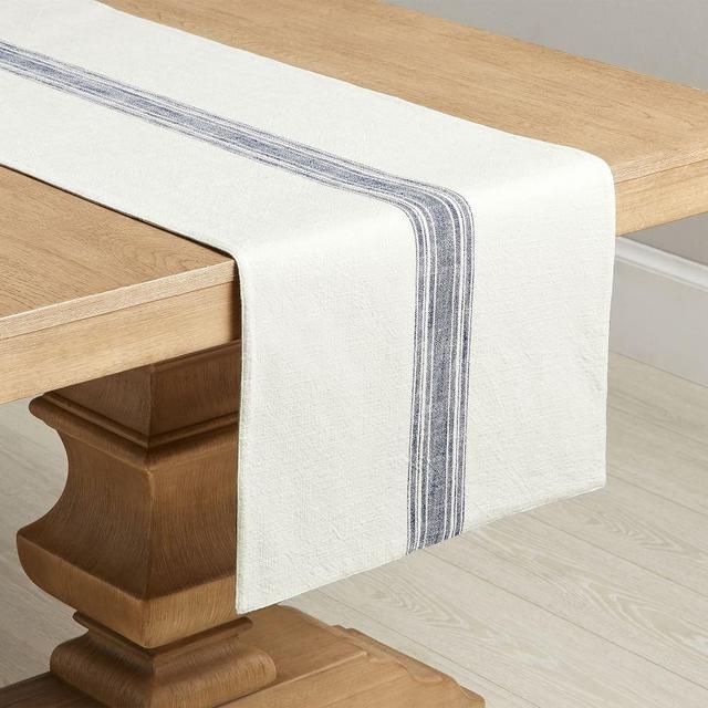 French Striped Organic Cotton Grain Sack Table Runner - Blue/Flax