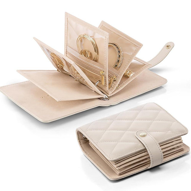 Vlando Travel Jewelry Organizer Case,Valentines Day Gifts for Her,Portable Jewelry Organizers Storage Book with Clear Zipper Velvet Jewelry Pouch Bag for Travel Essentials,Ring,Earring-Cream White