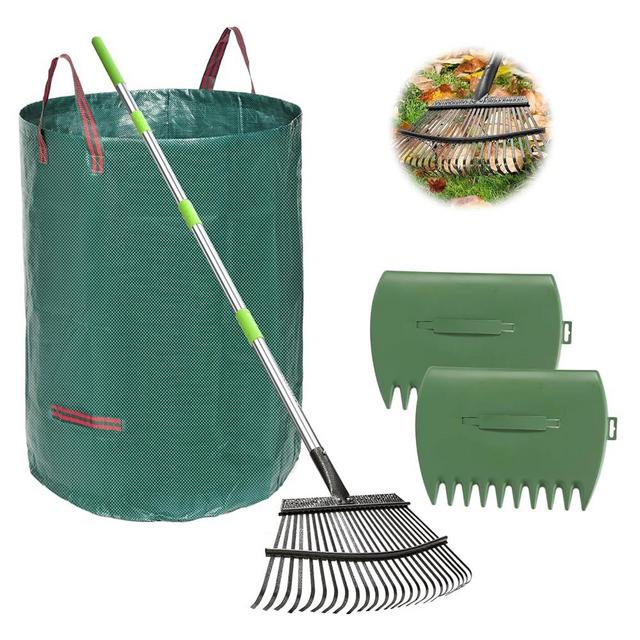 JOYHALO 65 Inch Rake for Leaves, 25 Tines Metal Leaf Rake Set with 32 Gallon Leaf Bags Leaf Scoops, Garden Rake 18in Wide, Rakes for Gardening Lawns Yard Outdoor Camping Shrub Grass Bush