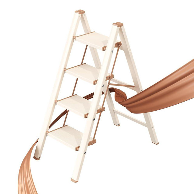 GameGem 4 Step Ladder, Folding Step Stool with Wider Pedal, Anti-Slip Feet & Non Slip Stripes, Aluminum Sturdy Material, 330Lbs Capacity, Elegant Look of Chocolate White Better Matches Your Home