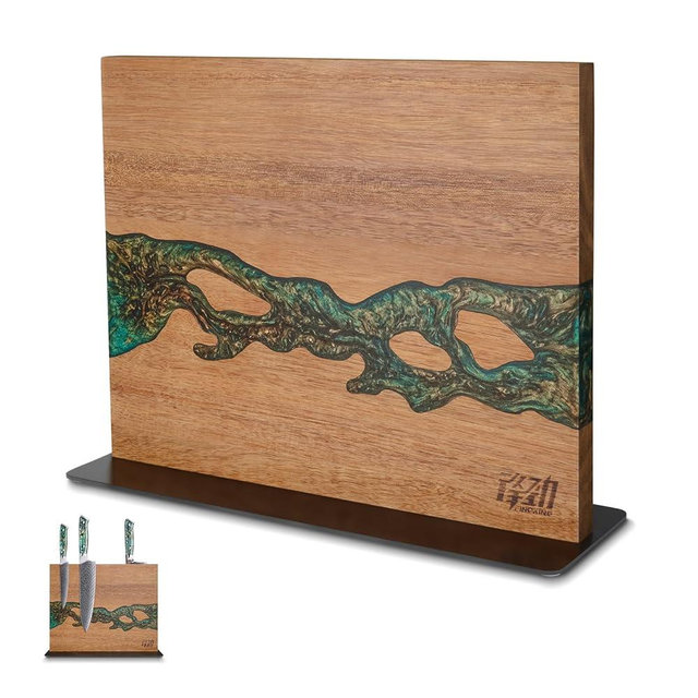 FINDKING Magnetic Knife Block, Double-Sided Knife Holder with Strong Magnets, Acacia Wood and Golden Green Resin, Countertop Kitchen Knife Storage Stand (12 × 10 Inches, Without Knives)