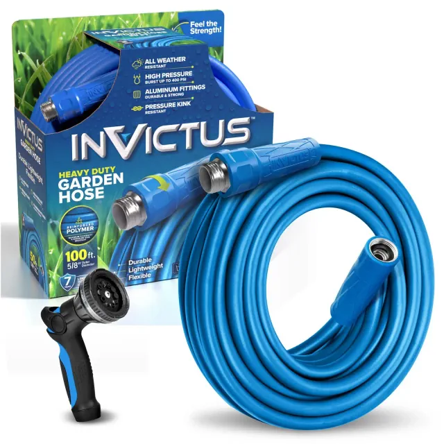 Invictus Heavy Duty Garden Hose 100Ft with 10-Function Spray Nozzle – Lightweight, Kink-Free, 400 PSI High Pressure Hose