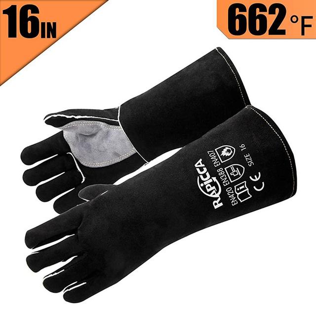 RAPICCA Leather Forge Welding Gloves Heat/Fire Resistant, Mitts for Oven/Grill/Fireplace/Furnace/Stove/Pot Holder/Tig Welder/Mig/BBQ/Animal handling glove with 16 inches Extra Long Sleeve – Black