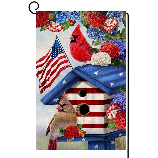 BLKWHT 4th of July Cardinal Bird Garden Flag 12x18 Vertical Double Sided Red Blue Floral Memorial Day Independence Day Holiday Outside Decorations Burlap Yard Flag BW824