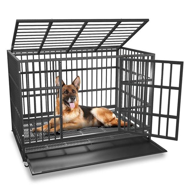 BOLDBONE 48/42/38 inch Heavy Duty Indestructible and Escape-Proof Dog Crate Cage Kennel for Large Dogs, High Anxiety Dog Crate with Removable Trays, Wheels and Double Door, Extra Large XL XXL