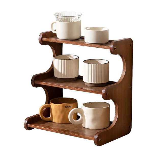STEHEMO 3-Tier Wooden Mug Holder Countertop, Coffee Cup Holder Mug Display Coffee Mug Organizer Mug Rack for Coffee Station Organizer Mug Shelf for Cabinet for Kitchen, Home,Brown,Short