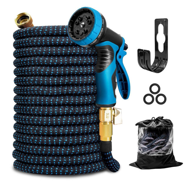 KOTTO Expandable Garden Water Hose, 10 Spray Nozzles, Anti-Rust Solid Brass Connector, Lightweight No-Kink Flexible - Blue 25ft