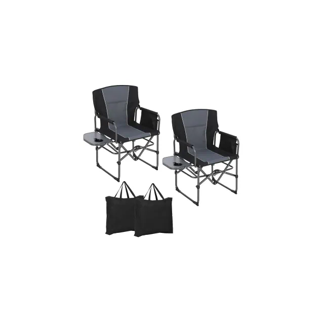 2 Pcs Oversized Folding Director Camping Chair, Portable Outdoor Chair with Aluminum Side Table & Pocket, Support 400 LBS Frame, for Lawn, Black