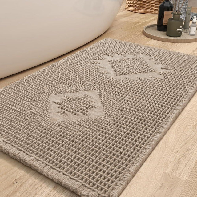 COCOER Waffle Bathroom Runner Rug, Super Absorbent Bath Mat, Machine Washable Non Slip Bath Rug with Tassels, Soft Bathroom Mat for Laundry Room Bedside Hallway, Brown 17" x 39"