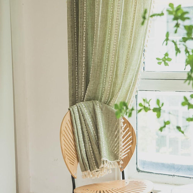Deeprove Green Boho Curtain 84 Inches Long for Bedroom Dining Room Kitchen Closet, Bohemian Chic Textured Embroidery, Vintage Handmade Tassels Christmas Decor Drape, Rod Pocket, 1 Panel W52 x L84