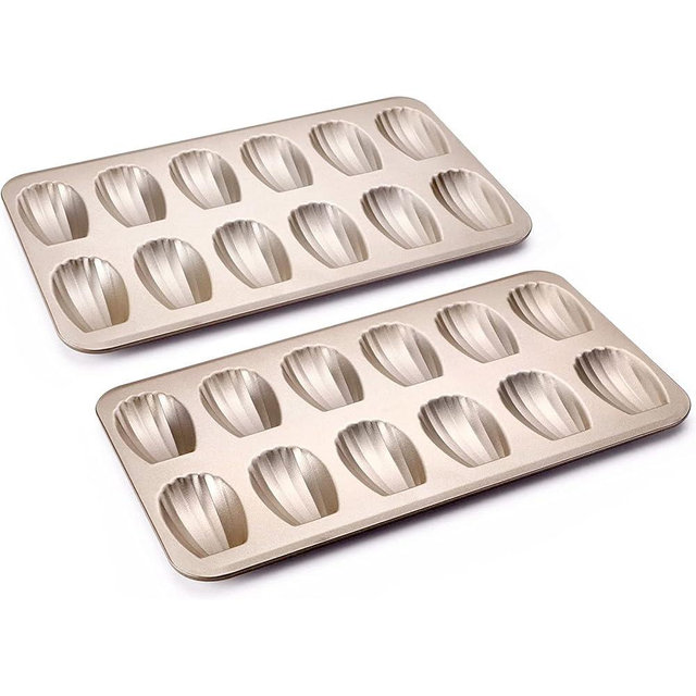 HONGBAKE Nonstick Madeleine Pan 2 Pack 12-Cavity Heavy Duty Madeleine Cookies Trays for Oven Baking, Warp Resistant Shell Shape Madeleine Mold Cake Pan, Champagne Gold