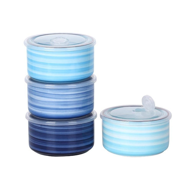 Selamica Ceramic Bowls with Lids, 14 OZ Microwave Safe Bowls with Lids for Lunch Picnic, 5 Inch Ceramic Food Storage Containers for Leftovers, Soup, Salad, Meal Prep, Cereal, Set of 4, Gradient Blue