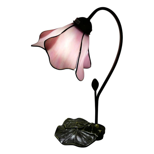 VirtueKing Tiffany Table Lamp Pink Lotus Stained Glass Lamp 8" Wide 14" Tall Bedside Table Light Desk Lamps Vintage Reading Lamp with Color Changing LED Bulb