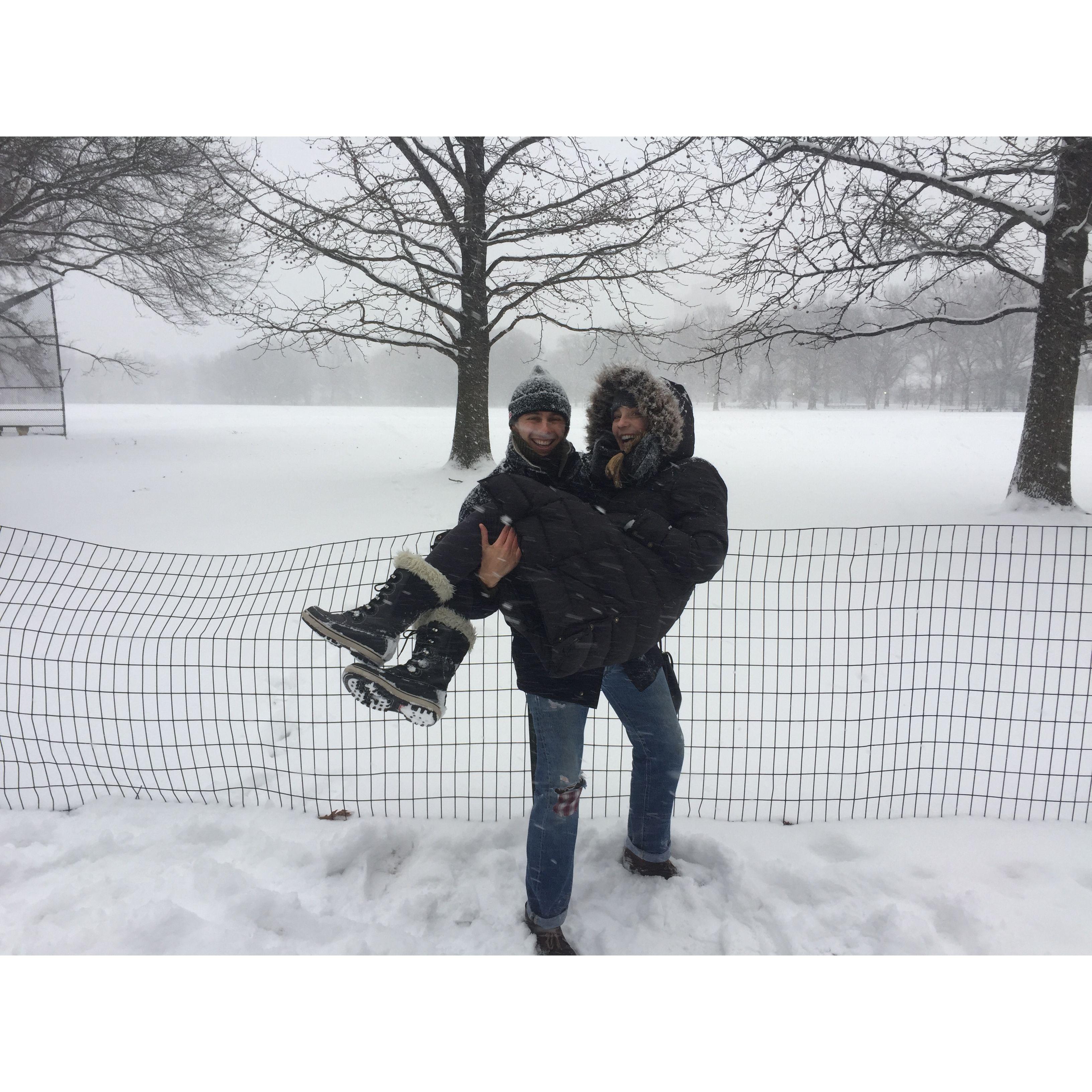 Our first "date" walking in the snow in central park, Jack asked a passerby to take a picture of us and scooped me up!