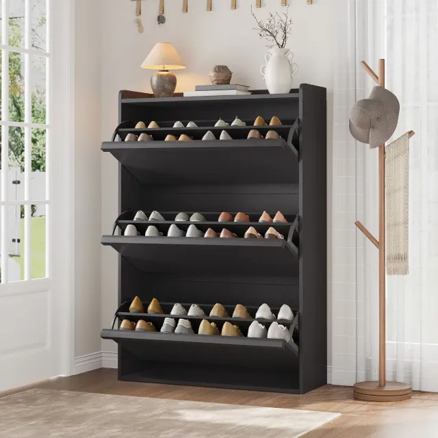 Shoe Cabinet with 3 Flip Drawers, Wooden Shoe Organizer Cabinet with Adjustable Shelf, Shoe Storage for Entryway, Hallway, Living Room, Black