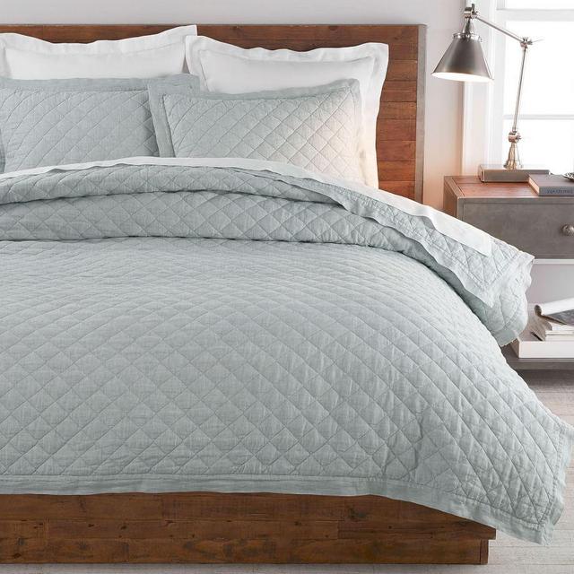 Belgian Flax Linen Diamond Quilt, Full/Queen, Mineral Blue