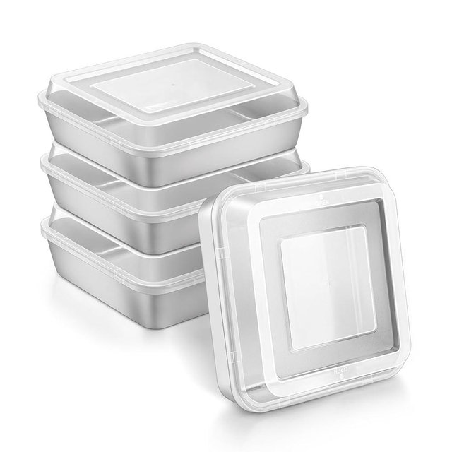 Herogo 8''x 8'' Square Cake Pan, Stainless Steel Square Baking Pan with Lid, Rectangle Cakes Brownie Lasagna Bakeware Set of 4, Healthy & Dishwasher Safe