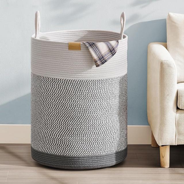 Nunsino 95L Laundry Hamper Basket,Baby Nursery Woven Storage Basket for Toys Bin,Pillows,Blankets,Clothes,Grey&White