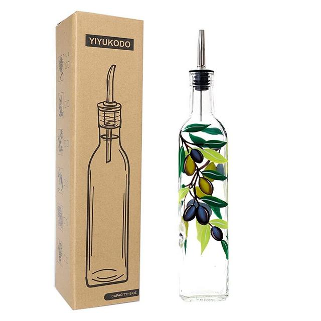 17oz Hand Painted Glass Olive Oil Bottle - 500ml Green Oil & Vinegar Cruet with Pourers and Funnel - Olive Oil Carafe Decanter for Kitchen (olive2)