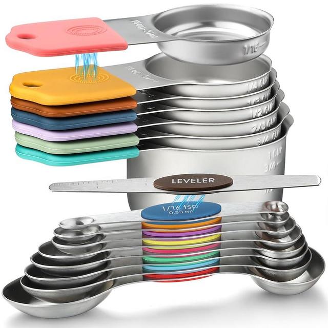 Magnetic Measuring Cups and Spoons Set of 16 Including 7 Stainless Steel Stackable Magnetic Measuring Cup 8 Magnetic Measuring Spoon with Leveler for Measuring Dry Liquid Ingredient